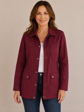 Talbots Safari Utility Jacket Burgundy Cotton Twill Drawstring Field Jacket M